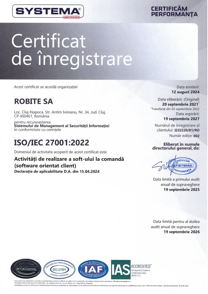 Certificat ISO 9001:2015 emis pentru ROBITE SA – recunoaștere a sistemului de management al calității