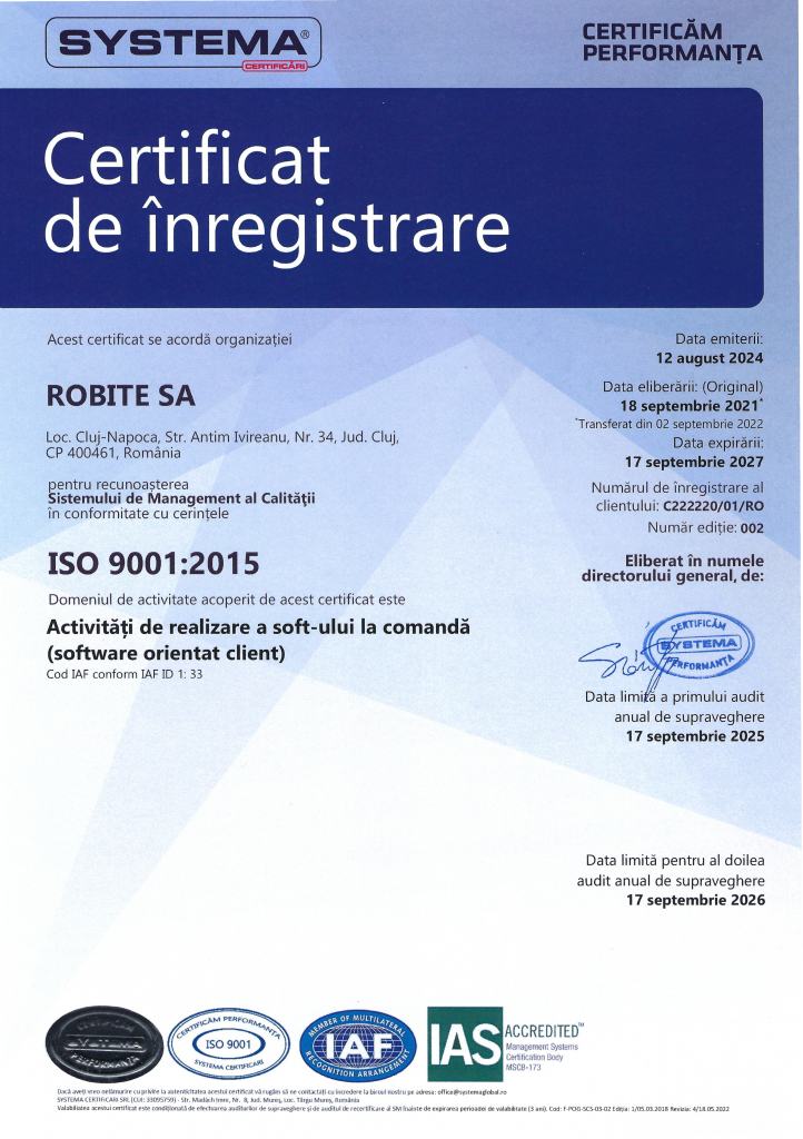 Certificat ISO/IEC 27001:2022 emis pentru ROBITE SA – securitatea informației în dezvoltarea software