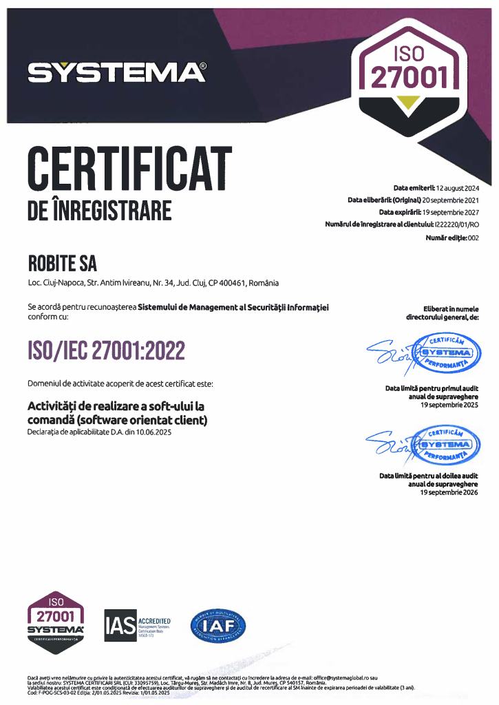 Certificat ISO/IEC 27001:2022 emis pentru ROBITE SA – securitatea informației în dezvoltarea software
