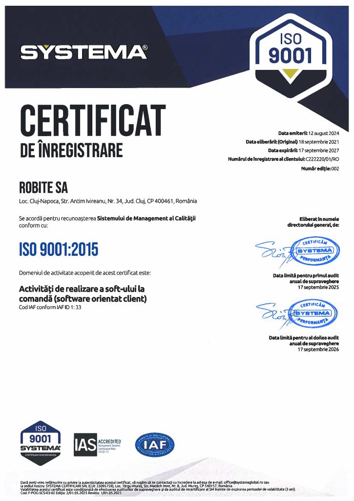 Certificat ISO 9001:2015 emis pentru ROBITE SA – recunoaștere a sistemului de management al calității